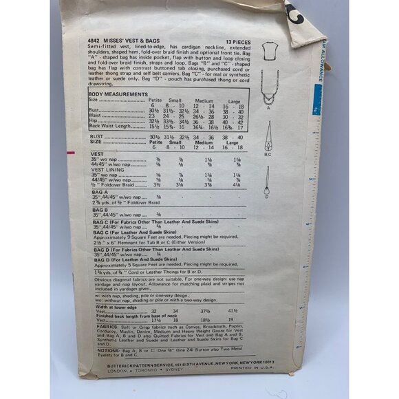 Butterick Misses Vest Bag Sewing Pattern sz Medium 4842 - uncut - Picture 2 of 2